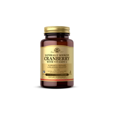 A Solgar Natural Cranberry with Vitamin C 60 Vegetable Capsules bottle promoting urinary tract health and immunity on a white background.